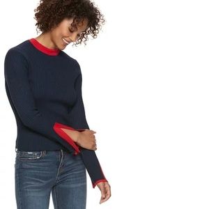 POPSUGAR Blue and Red Ribbed Split-Long Sleeve Sweater, Size XL